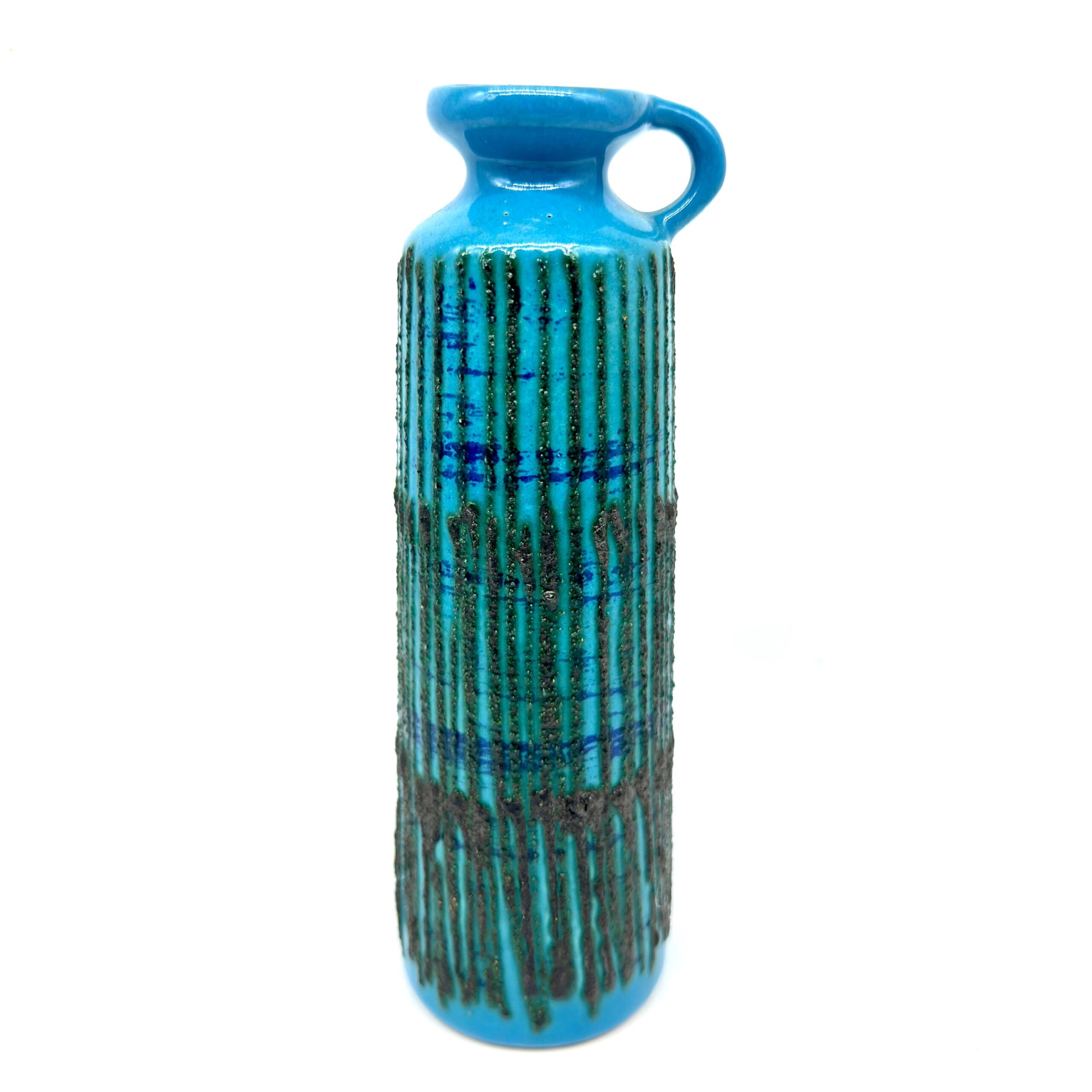 Strehla Keramik turquoise fat lava vase with vertical brown-green drip glaze, East German 1960s, cylindrical form with side h