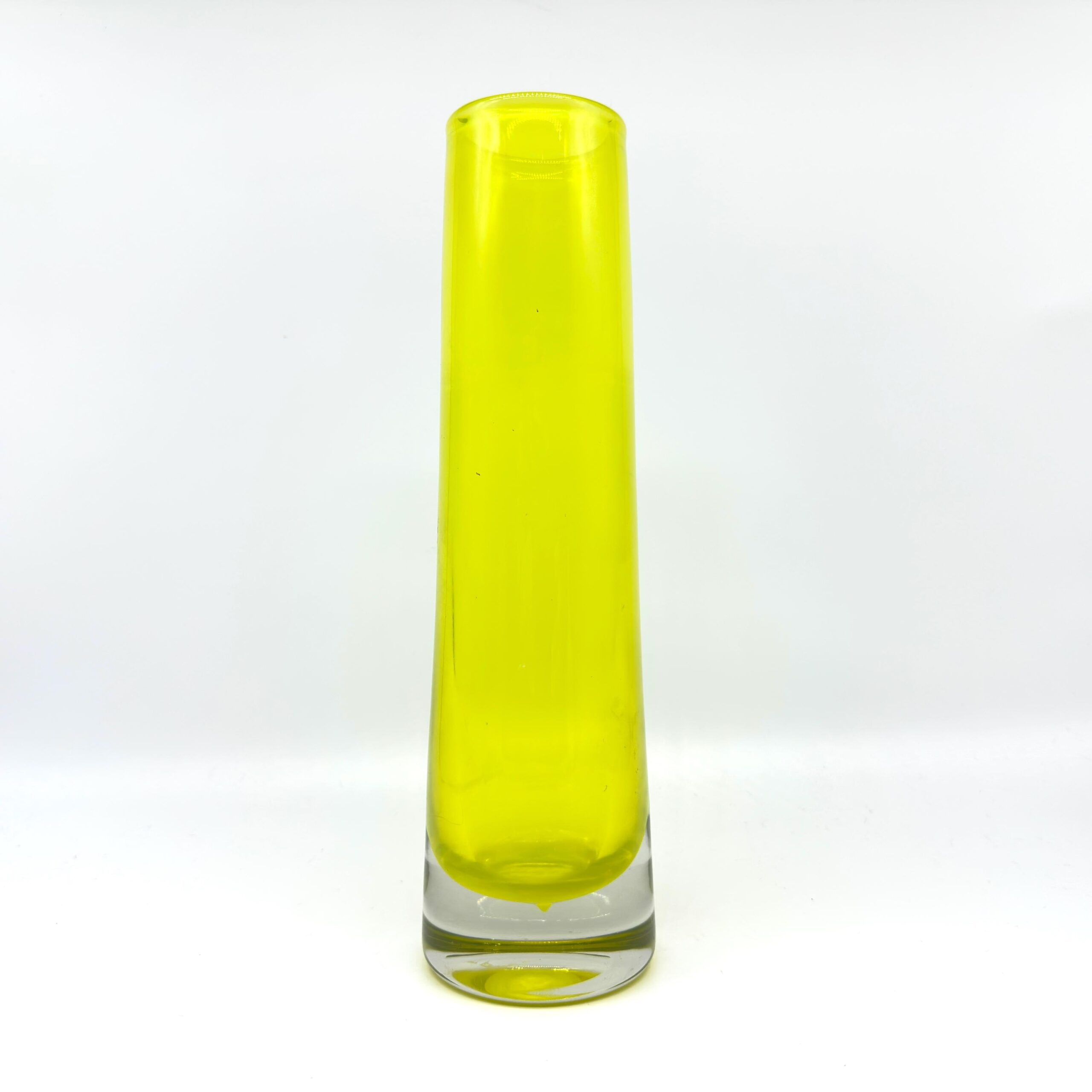 Tall Aseda Glasbruk Swedish art glass vase, 27 cm, chartreuse yellow with frosted band detail, full front view