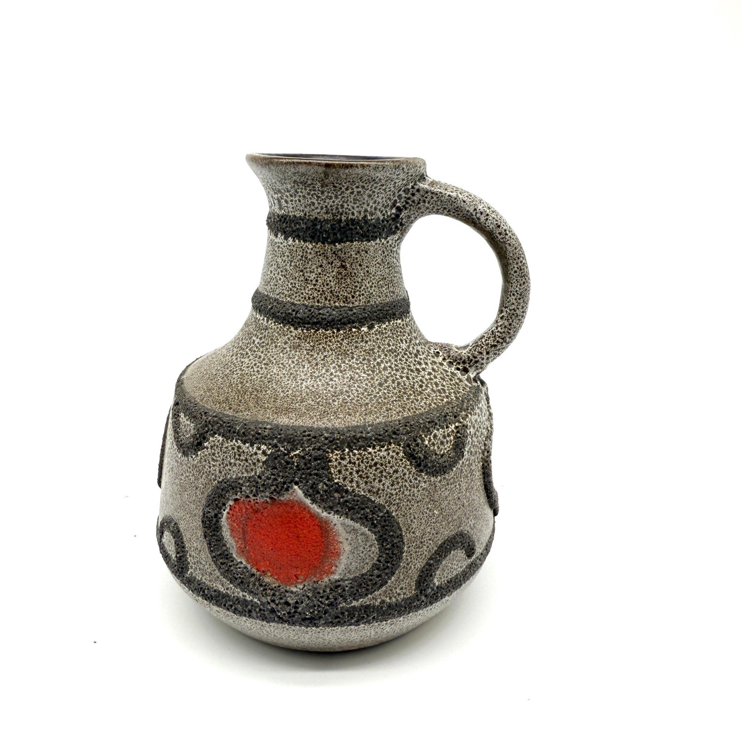 West German Fat Lava jug vase, 1960s, gray textured ceramic with red enamel crater details and curved handle