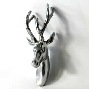 Chrome stag head wall mount with polished metallic finish and textured antlers, front-facing view against white wall