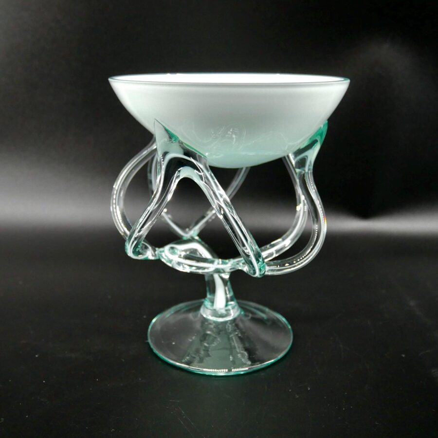 White and green hand-blown Polish glass jellyfish vase with sculptural tentacle base, three-quarter front view