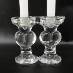 Pair of Swedish crystal candleholders with pressed heart motifs and textured ice glass, designed by Staffan Gellerstedt, 1970