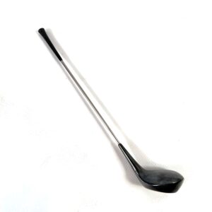 Vintage Frigast Denmark golf club cocktail stirrer with silver shaft and black sculptural head, full length profile view