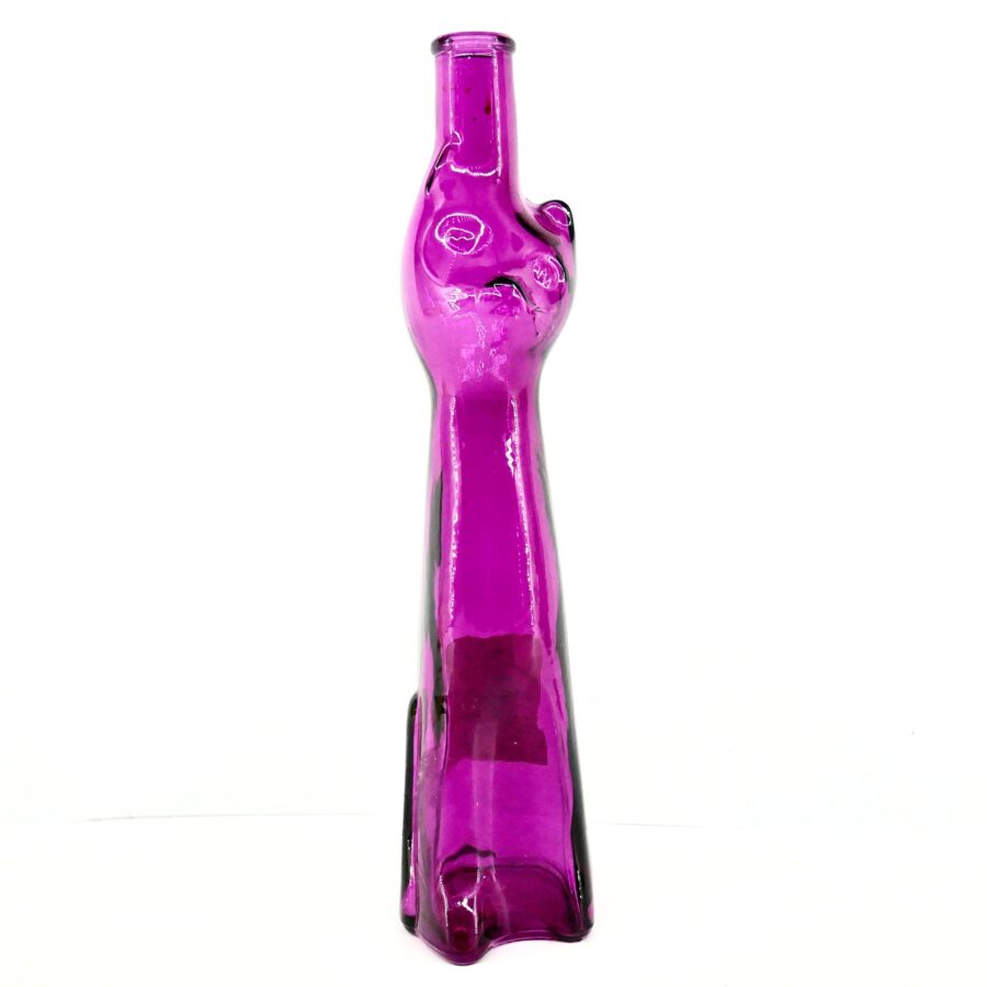 Vintage Moselland pink glass cat bottle with sculpted feline head stopper, full-length front view