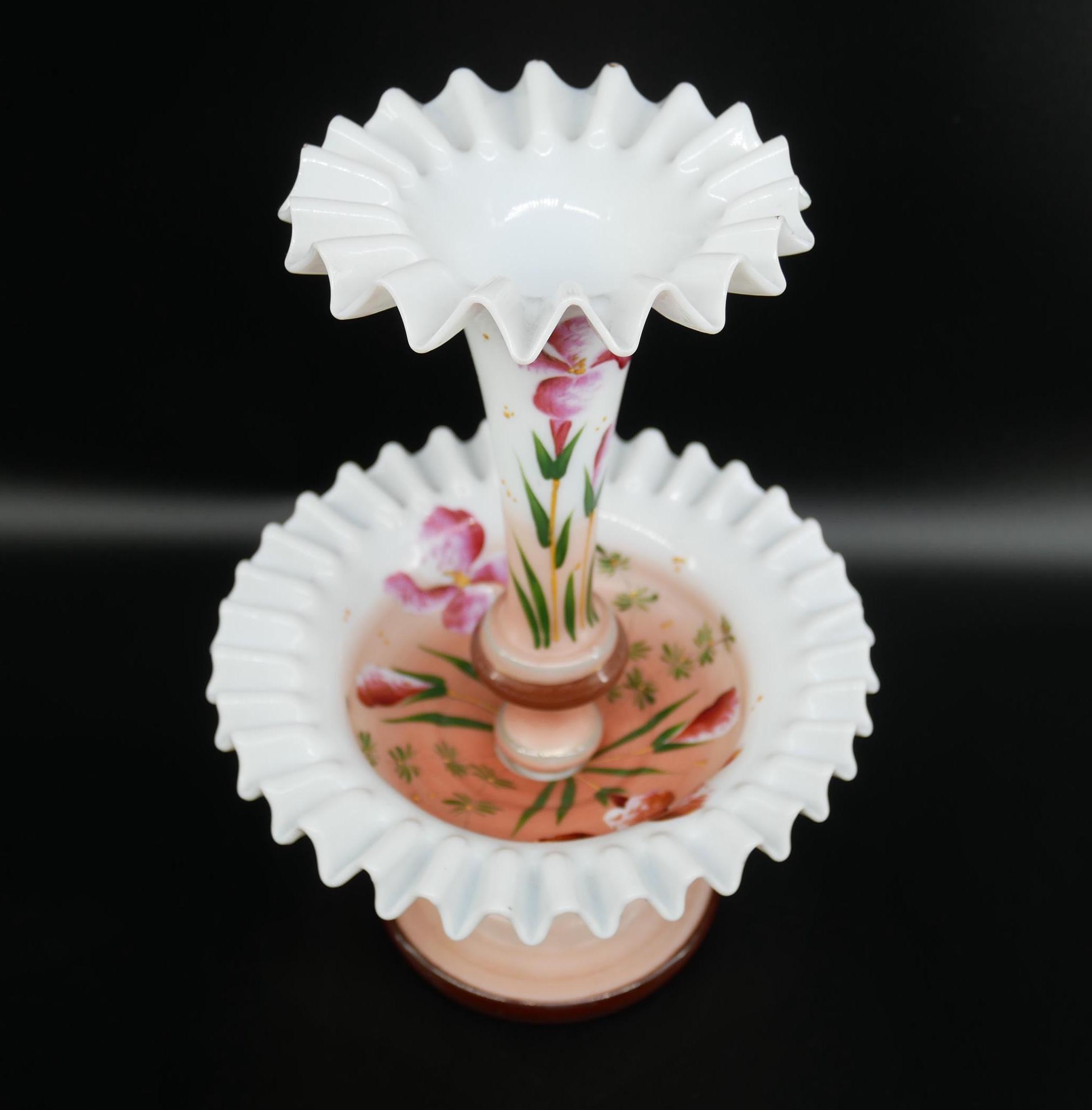 Antique French vase side angle showing ruffled edges, painted flower composition, and pedestal support