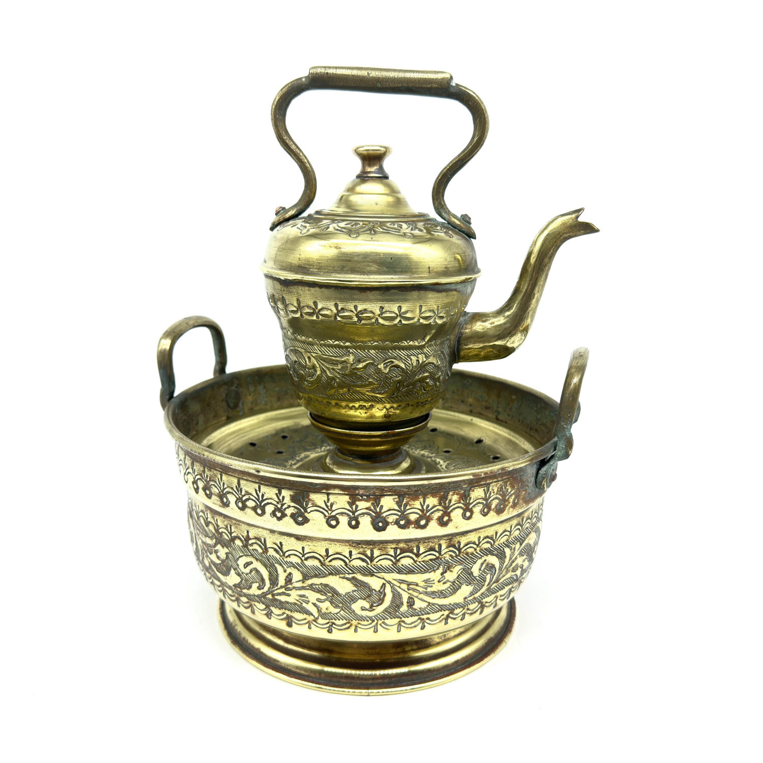 Brass ewer and basin ensemble viewed straight-on, showing stacked arrangement with etched floral motifs and dual handles