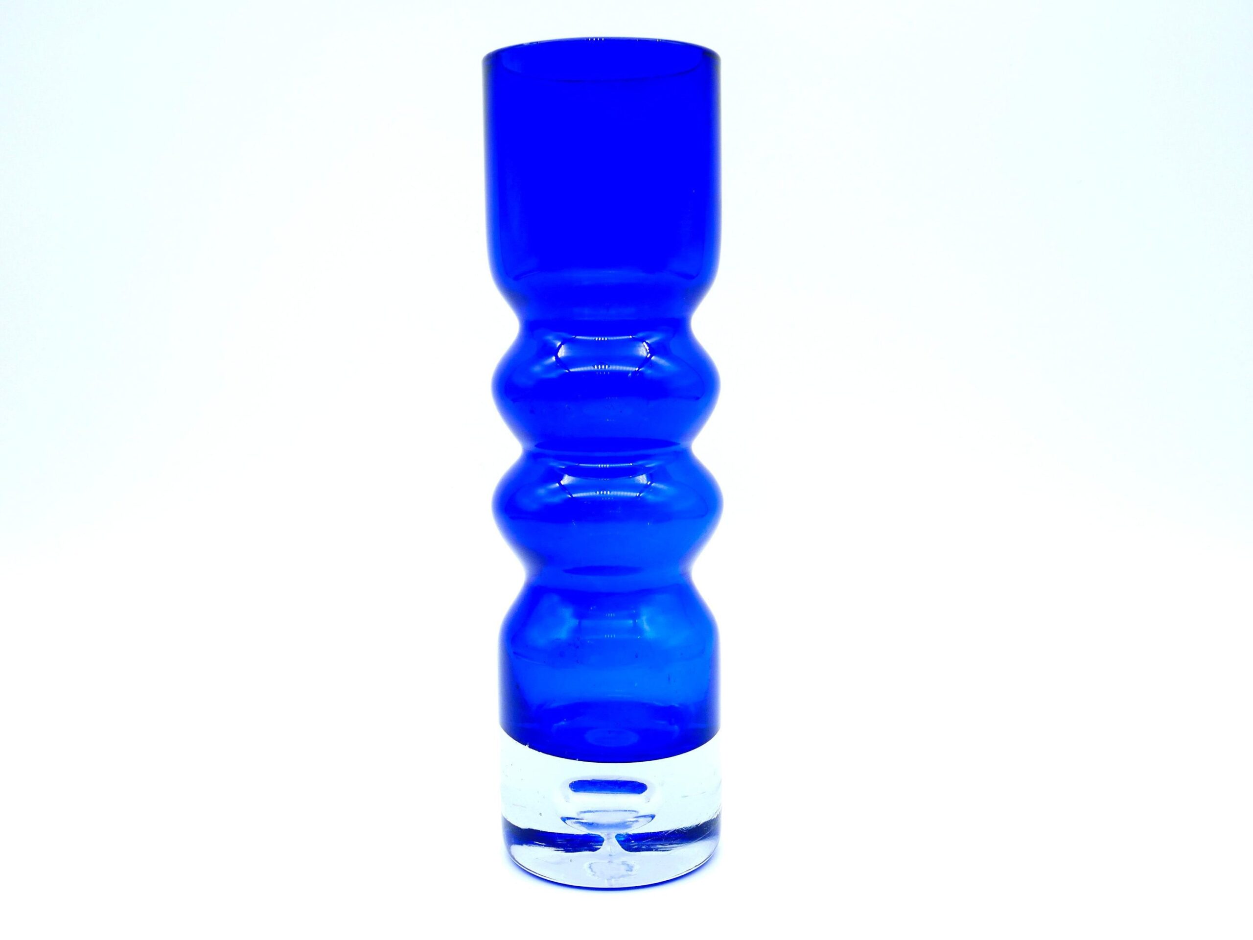 Cobalt blue hand-blown glass vase by Bo Borgström for ASEDA, 1960s, featuring stacked spherical hoops and clear base