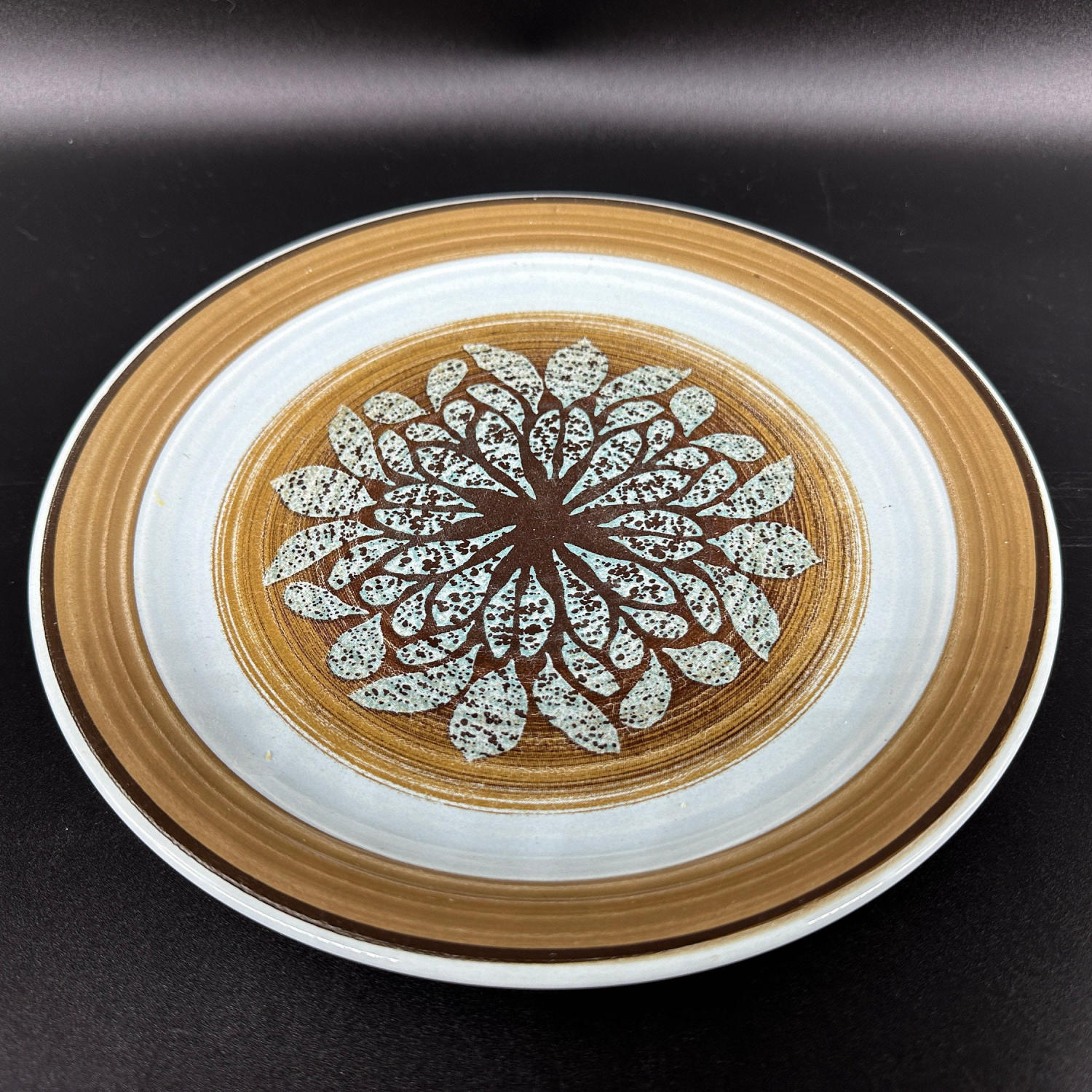 Franciscan Nut Tree stoneware salad plate, English ceramic with intricate botanical medallion center, warm tan band rim