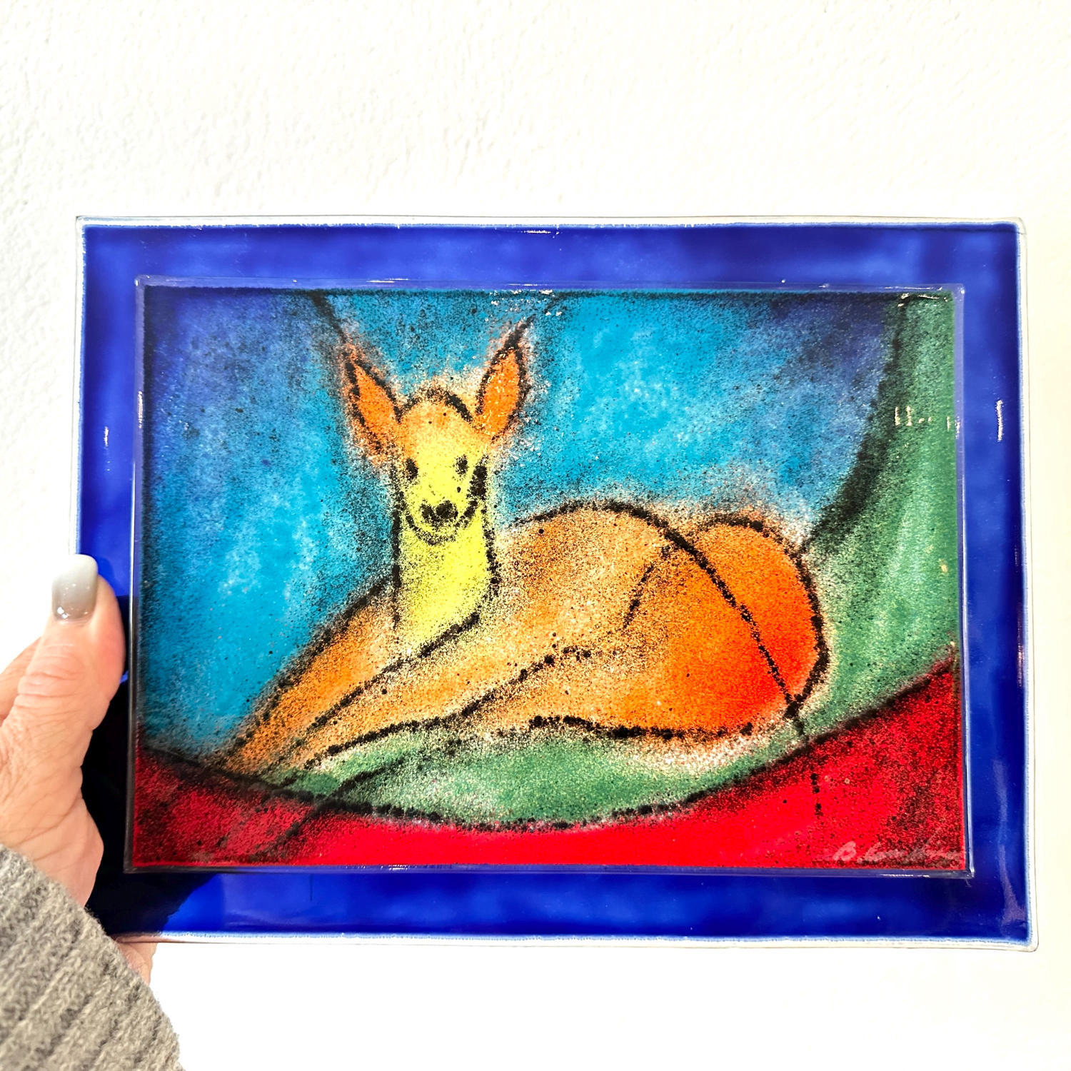 Full frontal view of signed glass deer artwork in cobalt frame, showing complete color palette from turquoise to red with res