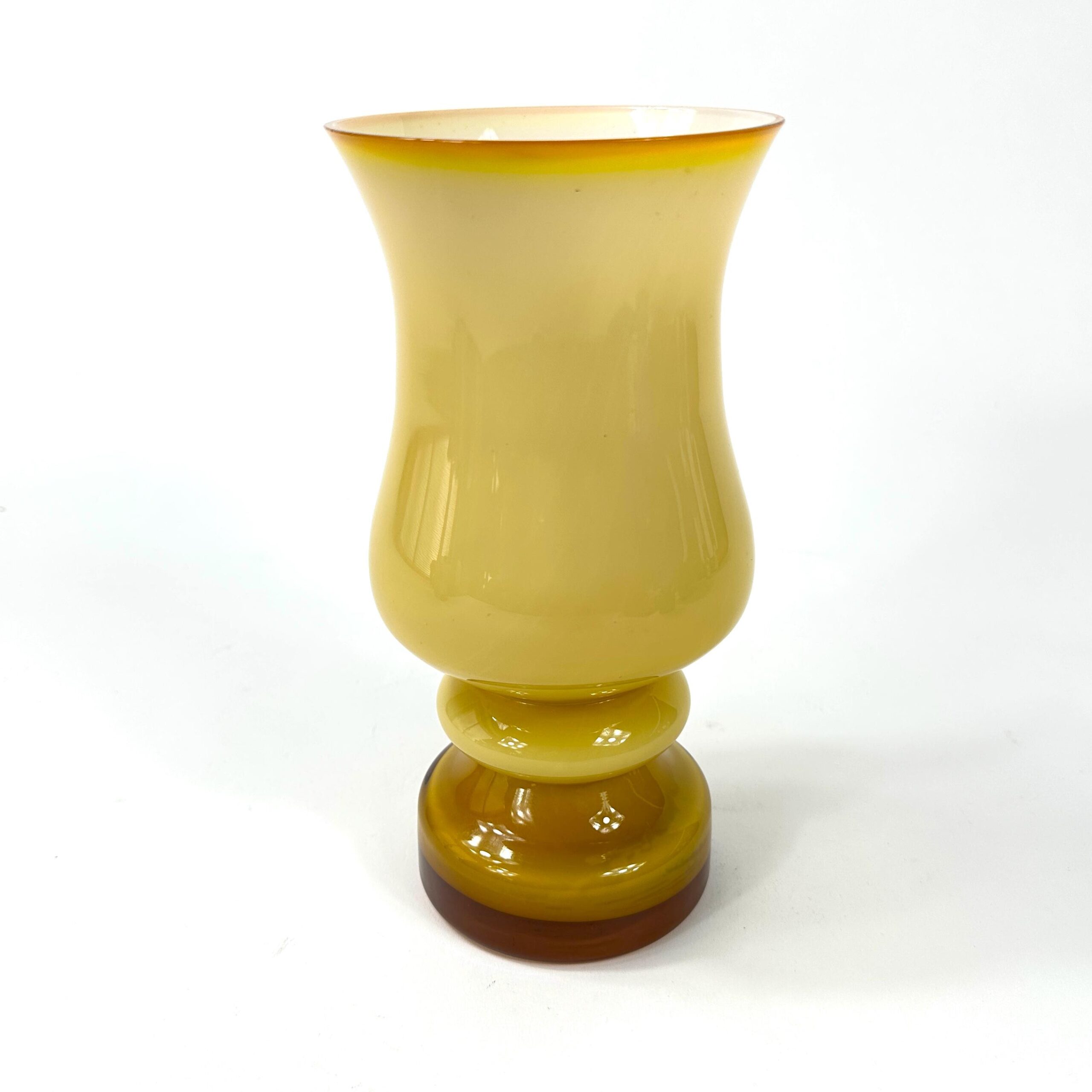 Gunnar Ander yellow cased glass vase with amber pedestal base, tulip silhouette, full front view