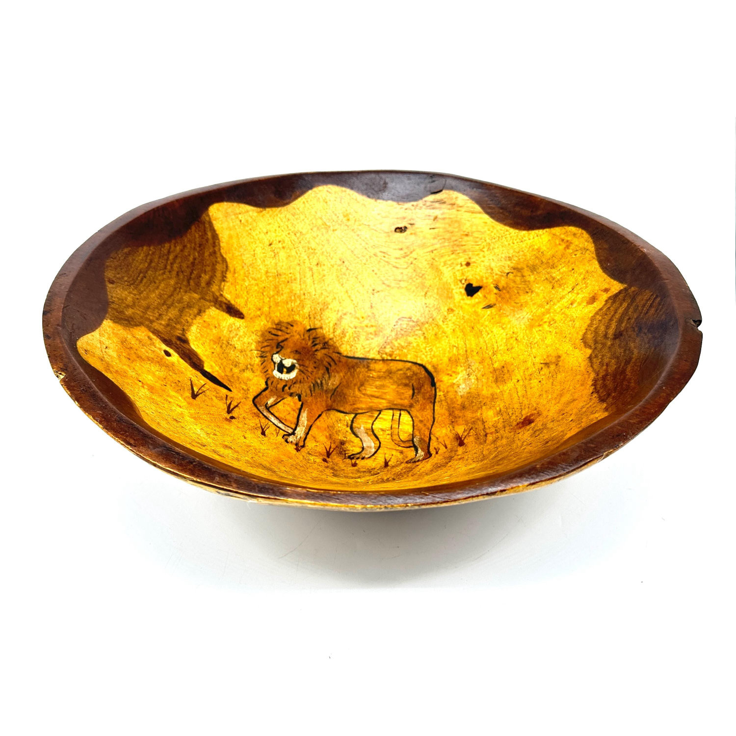 Hand-carved wooden bowl with golden interior, hand-painted lion motif, organic wavy rim, mixed wood grain edges, 34cm