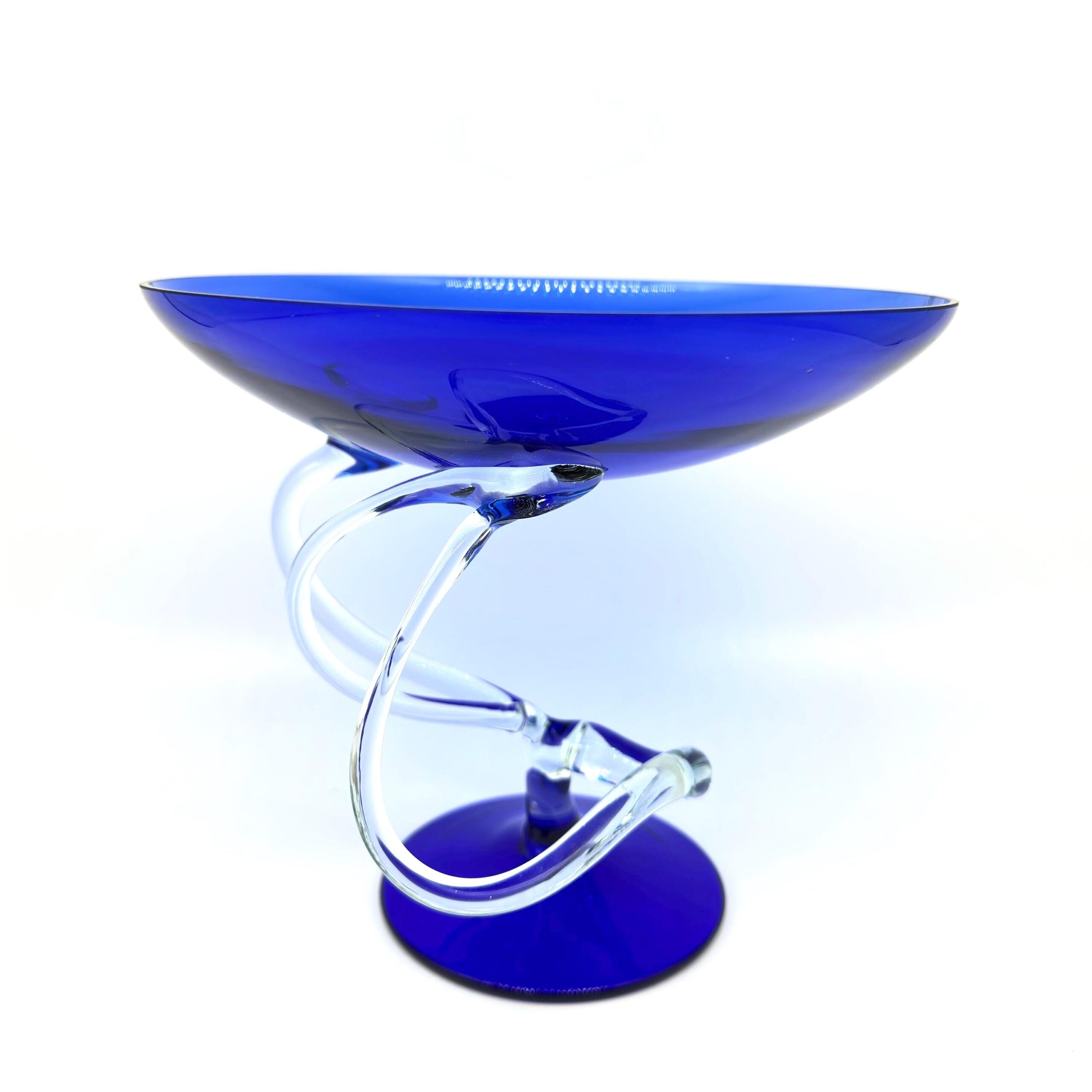 Jozefina Krosno blue glass jellyfish candle holder, hand-blown Polish art glass with clear tentacle stem and cobalt base, sid