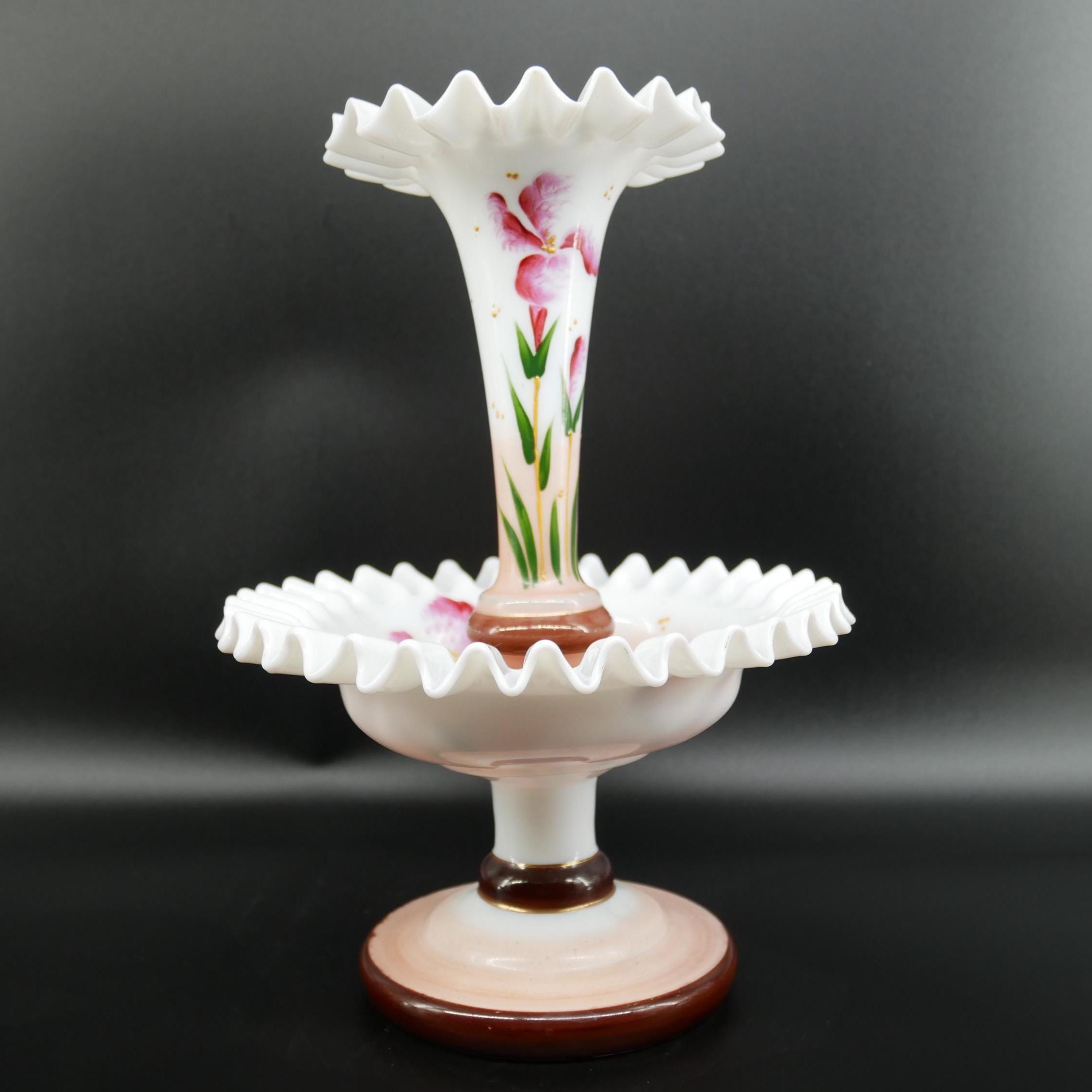Opal glass vase front view displaying hand-painted pink flowers and foliage on milky white background