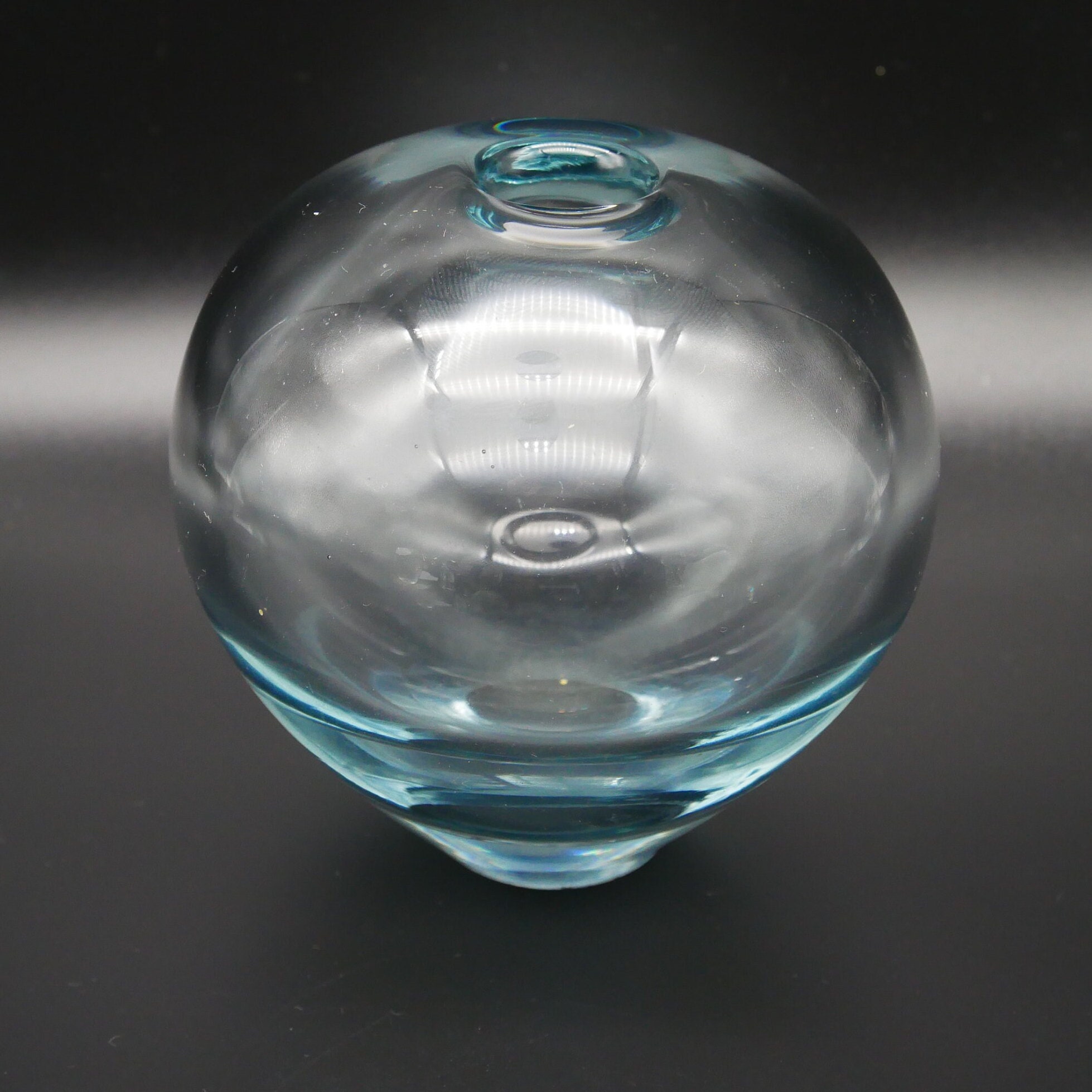Per Lütken Rondo grey art glass vase, spherical form with aqua base, studio photography against neutral backdrop