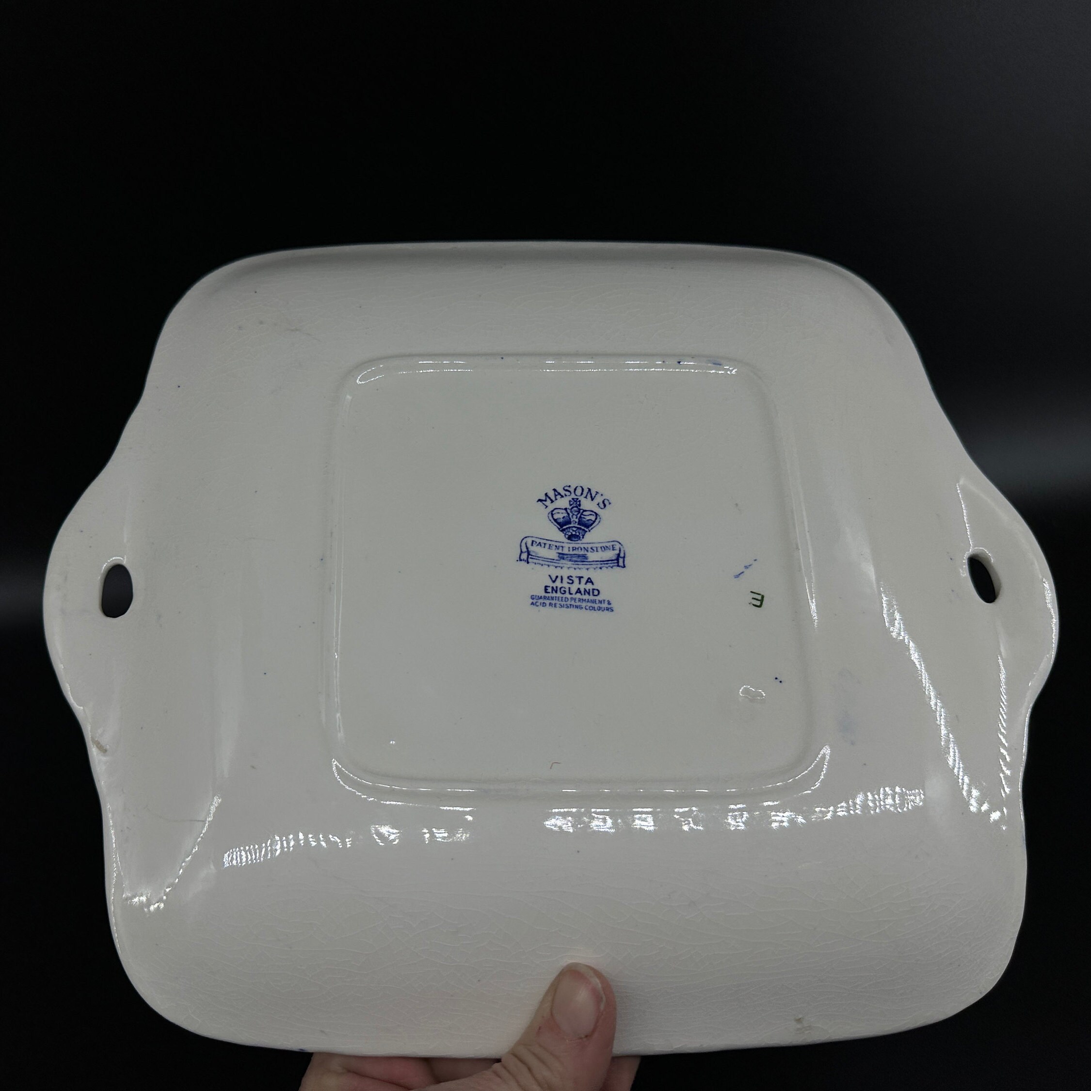 Mason's maker mark and pottery stamp on reverse of platter, showing manufacturer details and English provenance