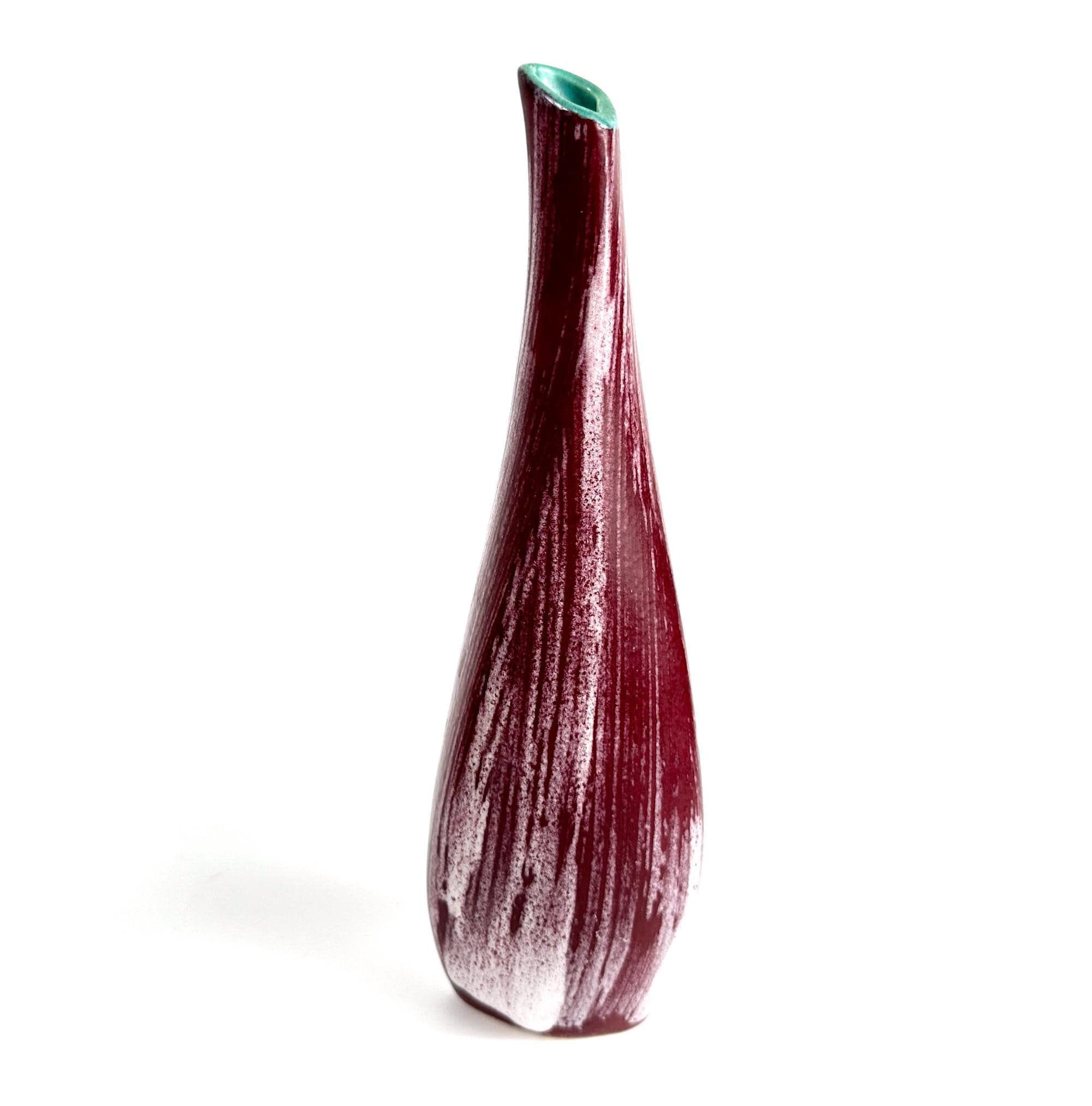 STREHLA twisted ceramic vase, East German 1960s pottery with purple and white glaze, glossy green interior rim