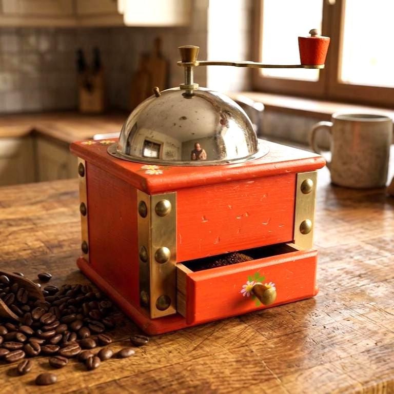 Swedish folk art coffee grinder with bright red wood box, metal dome top, brass hardware, and side crank handle in warm kitch