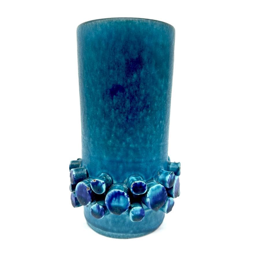 Turquoise studio pottery vase with hand-applied cobalt blue spherical forms at base, mid-century Scandinavian design