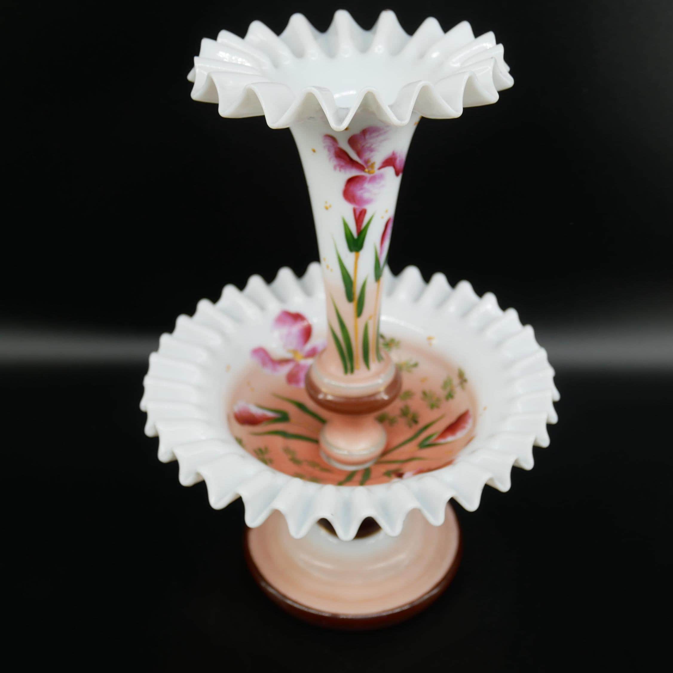 Victorian opal glass vase full composition with painted florals, ruffled gallery, and wooden pedestal base