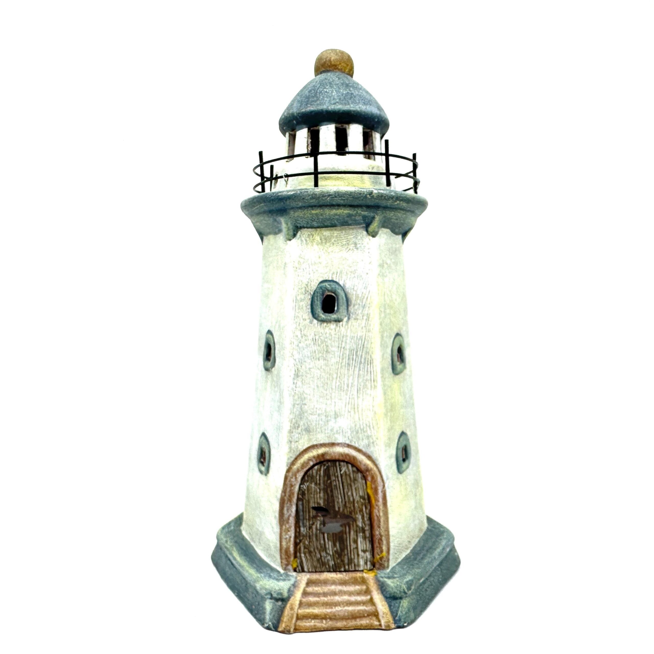Vintage ceramic lighthouse tealight holder in cream and blue with wooden door, 26 cm tall