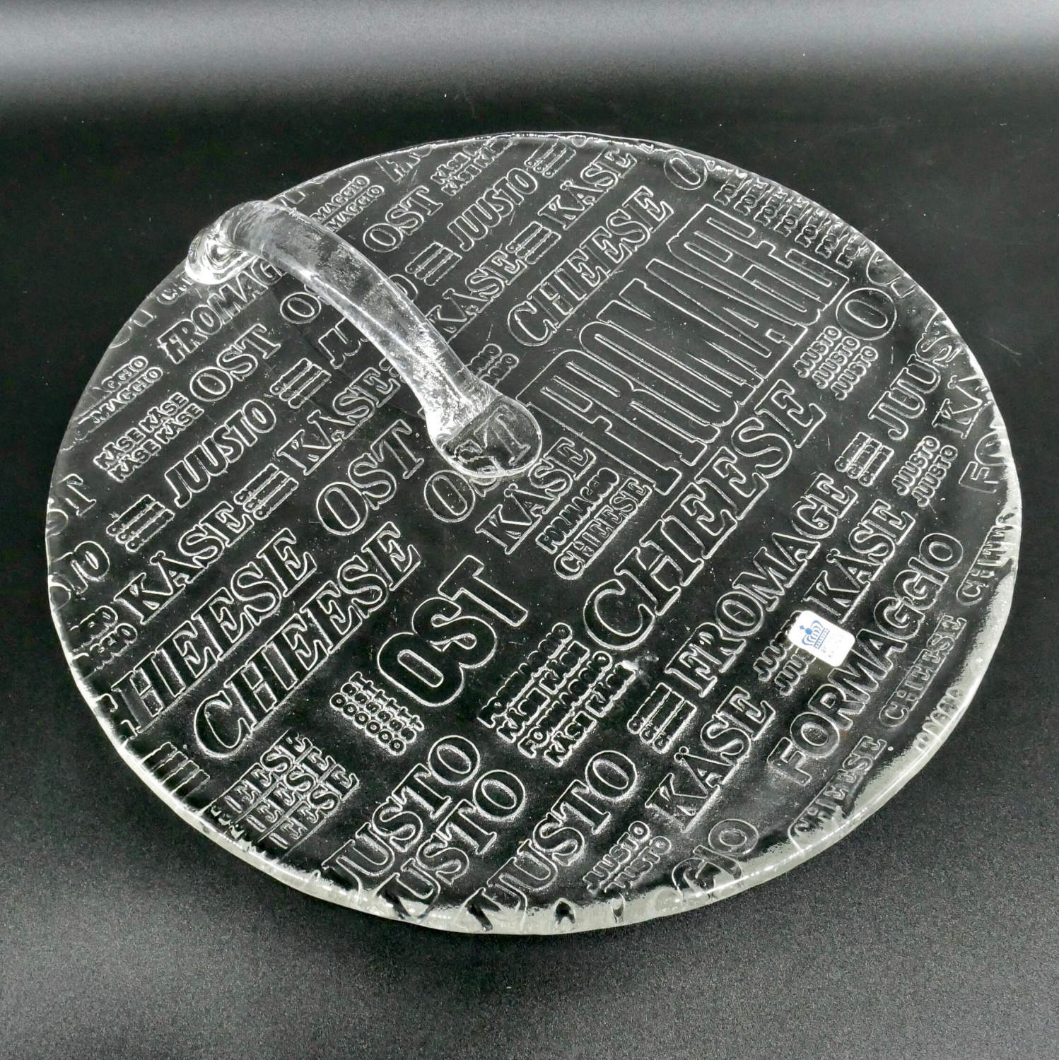 Vintage Royal Krona Swedish cheese platter, clear glass with etched multilingual text and curved handle