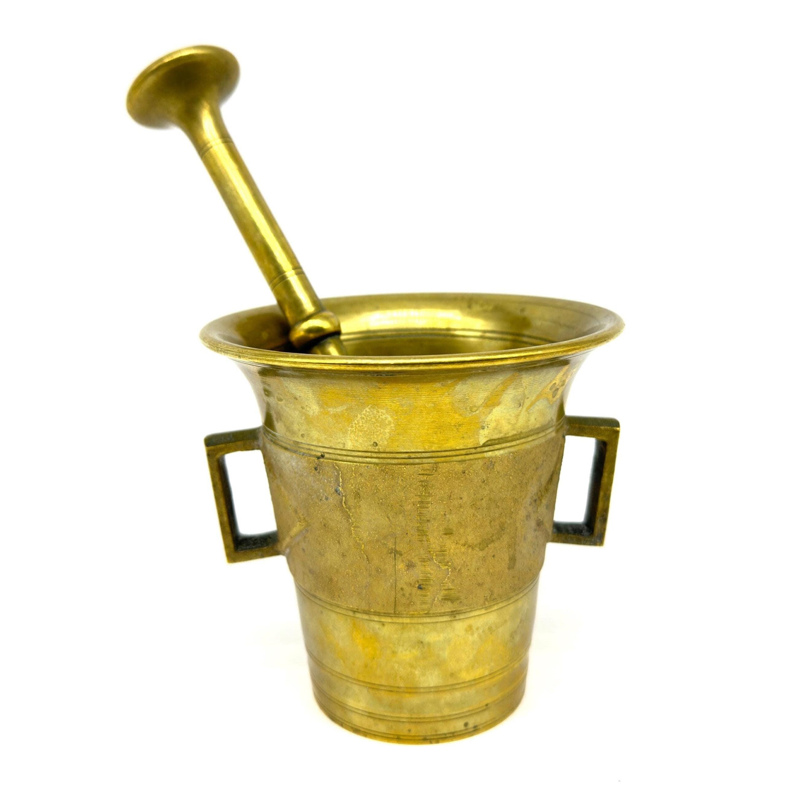 Vintage Skultuna brass pestle and mortar set No. 6 with dual handles, complete with long-handled pestle