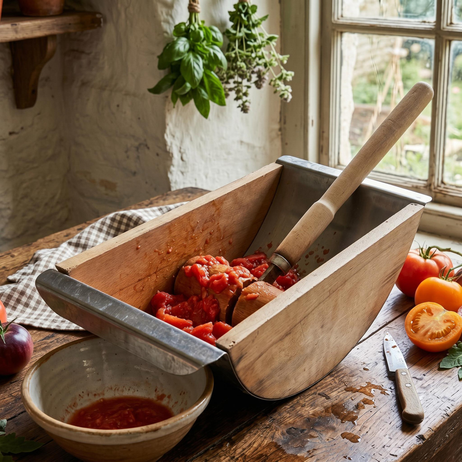 A authentic 1940s–1960s kitchen tool that moves seamlessly from culinary work to farmhouse display. Vintage wooden tomato press with metal sieve and wooden pestle, displayed in rustic farmhouse kitchen setting with fresh toma