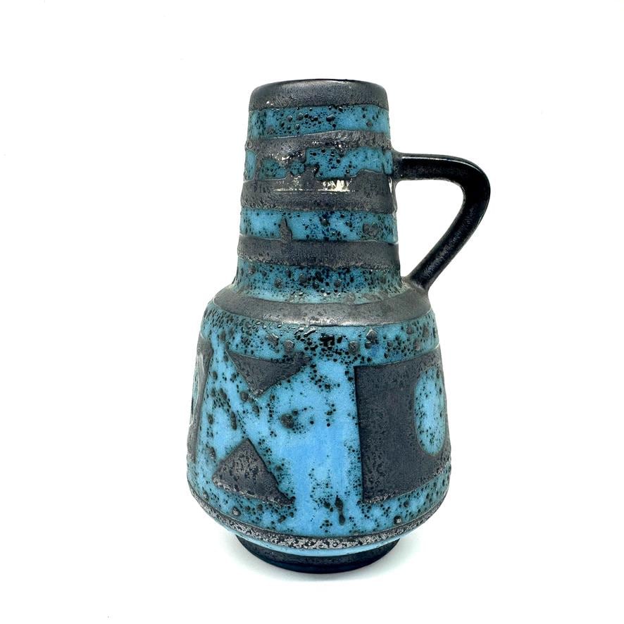 West German Fat Lava vase, turquoise blue glaze with charcoal geometric blocks, black handle, 1970s MCM pottery