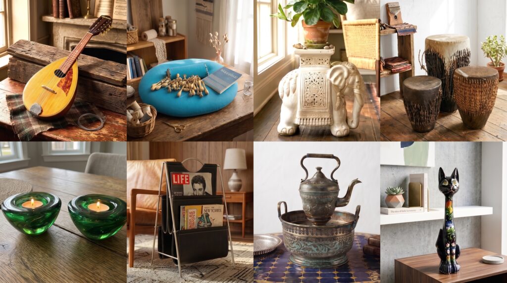 Curated vintage collection showcasing guitars, ceramics, teapots, and decorative objects arranged in a warm, lived-in interio