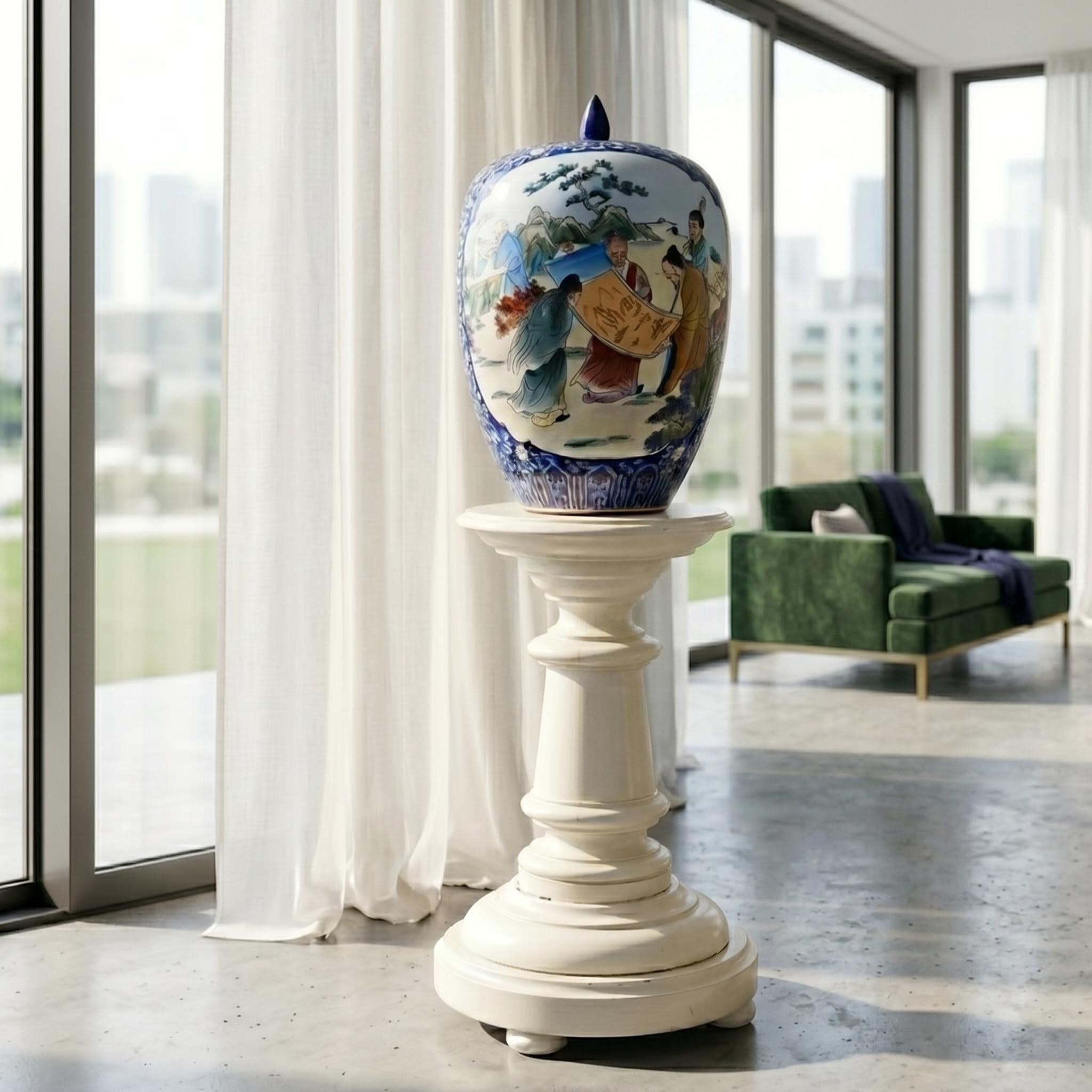 Antique wooden pedestal stand with blue and white porcelain urn, cream painted column, bun feet, modern interior