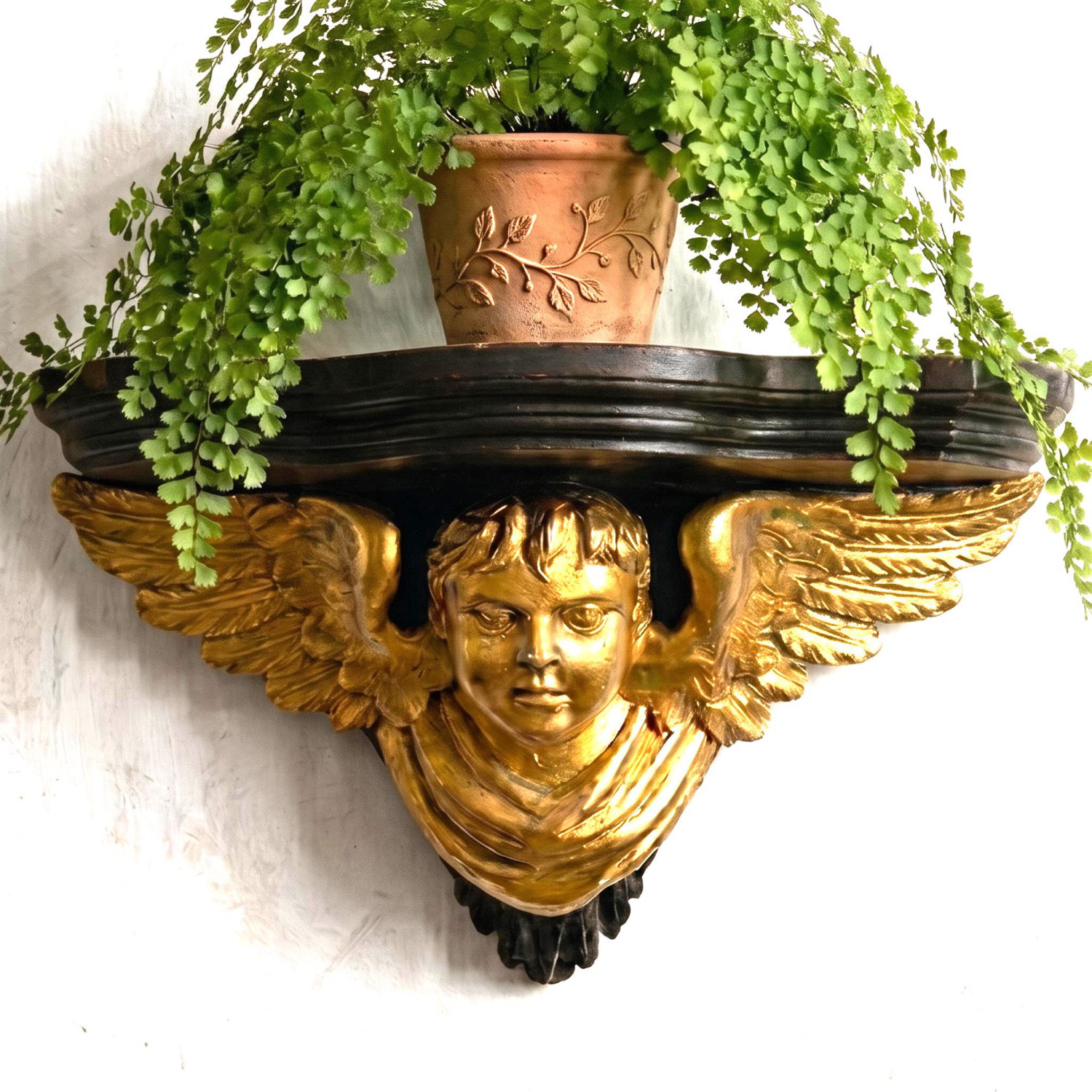 Carved Wood Cherub Wall Shelf Black & Gilt Mid-20th Century EuropeLiving Room Furniture All Things Retro Store